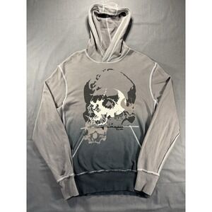 Y2K Skull Graphic Print Hoodie‎ Men's Medium Dye Dipped Gray Aqua Blues